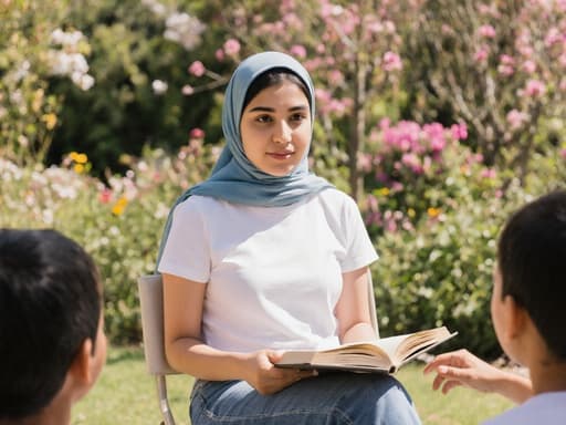 10대 초반의 중동계 소녀의 반신 샷으로, 자연스러운 외모를 지니고 있습니다. 그녀는 화창한 정원에 편안한 티셔츠와 청바지를 입고 의자에 앉아 있습니다. 소녀는 아이들과 소통할 준비를 하며, 손에 책을 들고 차분한 표정을 짓고 있습니다. 배경은 꽃과 나무로 가득 차 있어 아늑하고 초대하는 분위기를 자아내며, 장면의 차분한 기분을 강조합니다.