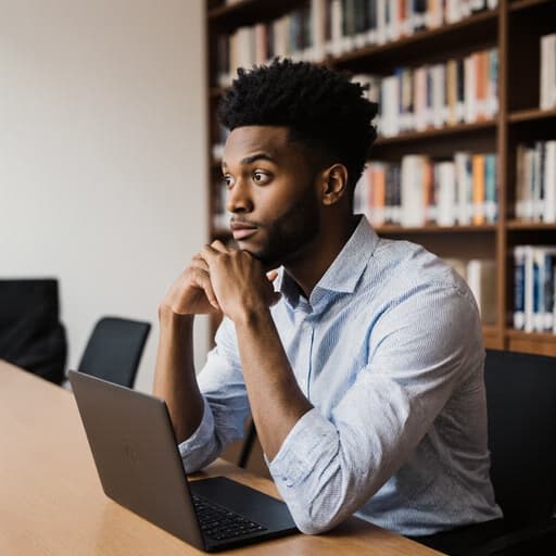 30대 혼혈 남성이 캐주얼한 셔츠와 슬랙스를 입고 도서관의 회의 테이블에 앉아 있습니다. 그는 놀란 표정을 지으며 손으로 턱을 괴고 노트북을 바라보고 있습니다. 배경에는 책장과 다양한 연구 자료가 가득해 학문적인 분위기를 자아냅니다.