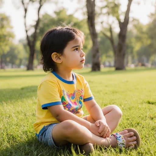 평화로운 공원에서 풀밭 위에 다리를 꼬고 앉아 있는 약 3세의 중동계 여성 어린이의 반신 사진. 그녀는 화사한 색상의 티셔츠와 반바지를 입고 귀여운 샌들을 신고 있다. 약간 지루한 표정으로 주변을 바라보는 모습이 순수한 호기심을 담고 있다. 배경은 부드러운 아침 햇살 아래 푸릇푸릇한 잔디와 나무들로 이루어져 있어 전체적인 매력을 더해주는 평화로운 분위기를 연출한다.