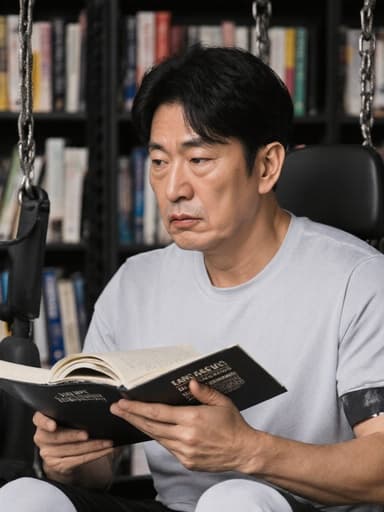 40대 한국인 남성이 자연스러운 외모로 편안한 운동복과 운동화를 입고 있는 반신 샷. 그는 운동 기구를 사용하면서 언어 학습을 위한 노트를 한 손에 들고 집중하는 표정을 짓고 있다. 배경은 책과 학습 자료가 놓인 공부방으로, 신체 활동과 교육의 조화를 강조하는 환경을 만들어낸다.