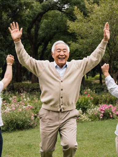 80대 동양인 남성이 자연스러운 외모를 가지고 편안한 카디건과 면바지를 입고 있는 전신 사진입니다. 그는 가족과 함께 소중한 순간을 만끽하며 행복한 미소를 지으며 손을 높이 들어 점프하는 모습입니다. 배경에는 푸르른 나무와 화려한 꽃들로 가득한 공원이 있어 가족과의 즐거운 시간을 더욱 돋보이게 하고 있습니다.