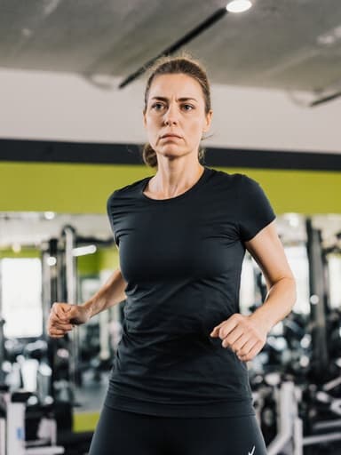 30대의 자연스러운 외모를 가진 여성이 세련된 운동복을 입고 점프하는 모습의 전신 샷. 헬스장 내부에 다양한 운동기구와 거울이 배경으로 있으며, 걱정스러운 표정을 지으며 운동의 한계를 넘으려는 모습을 보여줍니다.