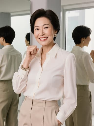 60대 한국인 여성의 반신 샷으로, 세련된 블라우스와 편안한 팬츠를 착용하고 밝게 웃으며 손을 주먹 쥔 모습입니다. 그녀는 다양한 거울에 비친 모습 속에서 동적인 장면을 연출하고 있습니다.