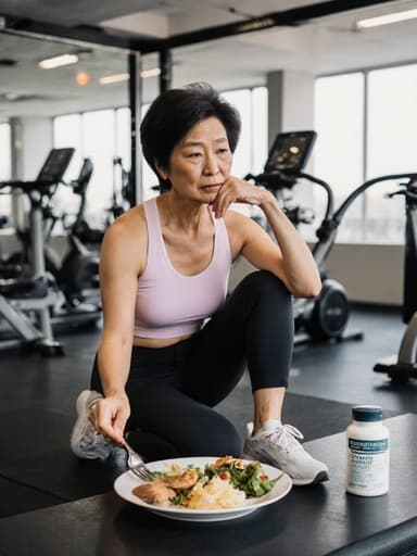 50대 아시아계 여성이 운동복과 스니커즈를 착용하고, 한 손에 건강식품을 들고 생각에 잠긴 표정으로 바라보는 모습의 반신 사진, 운동 기구가 배치된 스포츠 시설의 배경 속에서 건강과 고민의 분위기를 담고 있습니다.