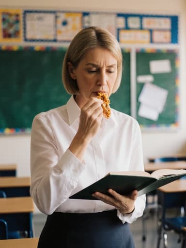 교실 환경에서 한 손에 교과서를 들고 다른 손으로 음식을 먹으며 집중하는 모습의 40대 백인 여성 교사의 반신 사진. 단정한 블라우스와 치마를 입고 있으며, 게시판과 책상이 있는 교실 배경이 개인 생활과 교육 의무 사이의 균형을 보여줍니다.