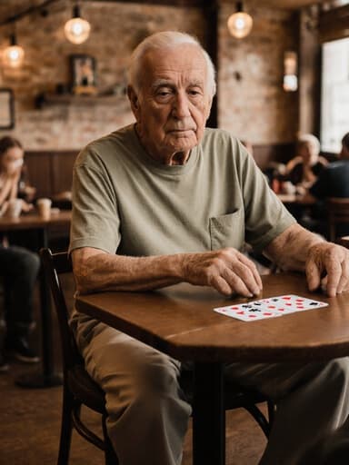 80대 백인 남성이 자연스러운 외모로 아늑한 카페 내부의 카드 테이블에 앉아 있는 전신 사진입니다. 그는 편안한 티셔츠, 바지, 스니커즈를 착용하고 있으며 카드 게임에 참여하고 있는 모습에서 무관심한 표정을 짓고 있습니다. 카페는 깔끔하게 배치된 테이블과 의자로 아늑한 분위기를 자아내며, 부드럽고 따뜻한 조명이 장면의 편안한 기분을 더해줍니다.