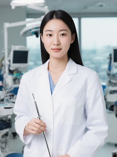 10대 후반 아시아계 여성의 반신 촬영으로, 의사 가운을 입고 의료 기구를 자신감 있게 들고 있습니다. 그녀의 얼굴에는 환자를 돕고 싶어하는 열정이 가득하며, 깔끔하고 현대적인 병실과 의료 장비가 배치되어 있어 그녀의 의학 분야에 대한 헌신을 강조합니다.