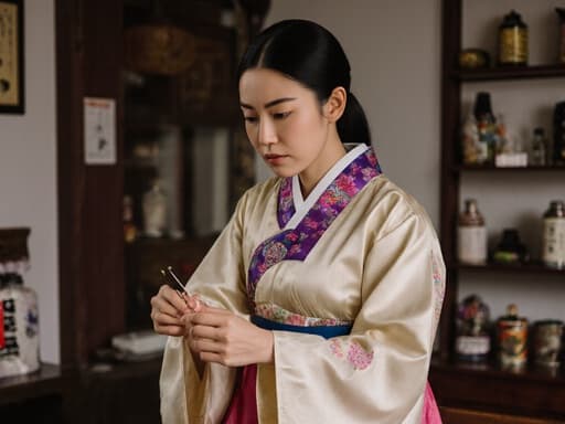 20대 혼혈 여성의 반신 샷으로, 전통 한복을 입고 침 치료 도구를 들고 열정적으로 집중하는 모습이 아늑한 한의원 내부에서 촬영되었습니다.