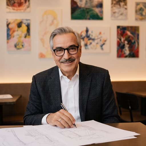 세련된 블레이저와 화이트 셔츠를 입은 중년의 중동계 남성이 카페 테이블에 앉아 디자인 스케치를 살펴보며 자신감 넘치는 미소를 짓고 있는 모습, 창의적인 예술적 분위기 속에 둘러싸여 있습니다.