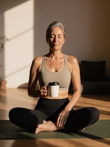 40대 혼혈 여성의 반신 사진으로, 자연스러운 외모와 차분한 표정을 지니고 있습니다. 편안한 요가복을 착용하고 있으며, 요가 매트 위에 놓인 커피 잔을 들고 있습니다. 아늑한 명상실에서 부드러운 자연광이 들어와 평화로운 분위기를 만들어냅니다.