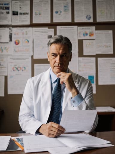 50대 혼혈 남성이 정장 바지와 셔츠, 실험실 코트를 입고, 연구 계획서를 들고 한 손으로 턱을 괸 채 긴장한 표정으로 깊은 생각에 잠긴 모습의 반신 샷입니다. 배경은 학술회의실로, 연구 자료와 결과가 게시된 벽과 다양한 연구 자료가 놓인 테이블이 있어 진지하고 학문적인 분위기를 만들어냅니다.