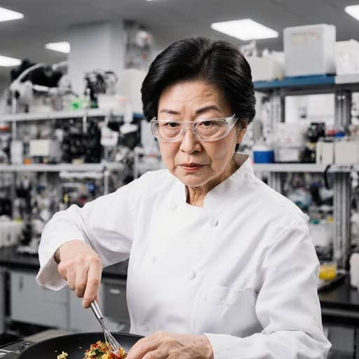 실험복과 안전 안경을 착용한 60대 아시아계 여성의 반신 상반신 샷. 그녀는 현대적인 실험실에서 긴장한 표정으로 식재료를 다듬고 있는 모습입니다.