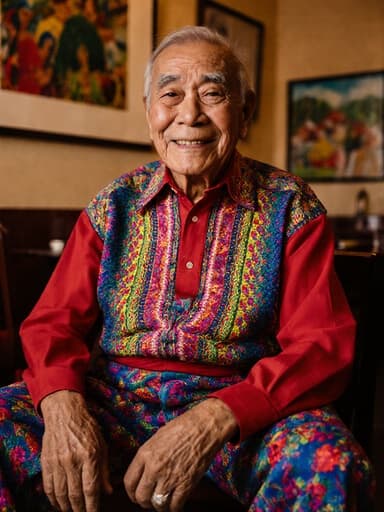 화려한 전통 의상을 입은 80세 라틴계 남성이 아늑한 카페에 앉아 평온한 표정과 따뜻한 미소를 지으며 부드러운 춤 동작을 하고 있는 반신 사진, 전통 예술 작품으로 장식된 아늑한 분위기를 자아냅니다.