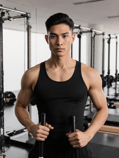 20대 라틴계 남성이 현대적인 운동 공간에서 자신감 있게 서 있으며, 트렌디한 스포츠웨어를 착용하고 필라테스 장비를 편안하게 들고 있습니다. 필라테스 매트와 기구로 가득한 깨끗한 환경이 아늑한 분위기를 만들어 주며, 모델의 자연스러운 매력과 자신감을 강조합니다.