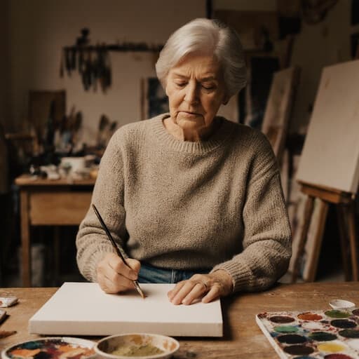 60대의 자연스러운 외모를 지닌 여성이 편안한 니트 스웨터와 청바지를 입고 테이블에 앉아 있는 반신 사진입니다. 그녀는 손에 붓을 쥐고 앞에 있는 캔버스를 집중해서 바라보며 긴장한 표정을 짓고 있습니다. 아틀리에의 따뜻한 조명이 그녀를 감싸고 있으며, 다양한 그림 도구와 완성된 작품들이 배경에 있어 창의적이고 영감을 주는 분위기를 강조합니다.