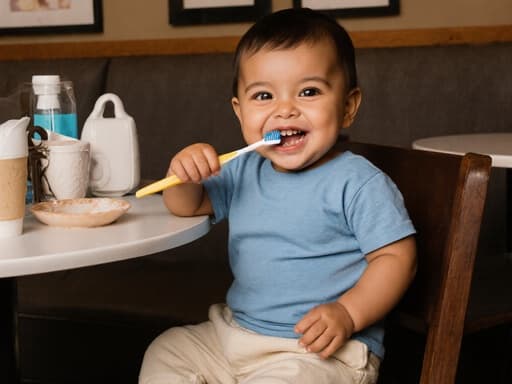 아늑한 카페의 테이블에 앉아 장난스럽게 미소 짓고 있는 혼혈 1세 남자 아기의 반신 사진. 그는 손에 칫솔을 쥐고 있으며, 테이블 위에는 다양한 아기용품이 놓여 있다.