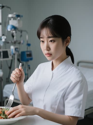 이 이미지는 10대 초반의 한국 소녀가 병원 유니폼을 입고 단정하게 묶은 머리를 하고 있는 모습을 보여줍니다. 그녀는 포크를 쥐고 식사를 준비하는 자세를 취하며 차가운 표정으로 긴장된 느낌을 전하고 있습니다. 병실 내부의 의료 장비와 침대가 배치된 배경이 장면의 진정성을 높이며, 진지하고 전문적인 분위기를 만들어냅니다.