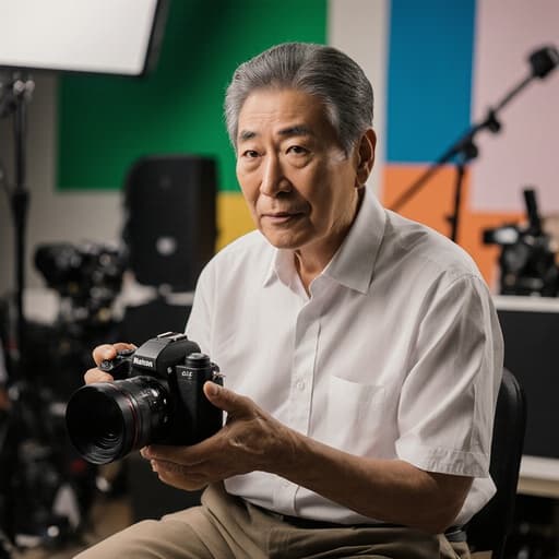 60대의 한국인 남성이 편안한 셔츠와 바지를 입고 사진 작업실에서 카메라를 들고 걱정스러운 표정을 짓고 있습니다. 작업실은 다양한 사진 장비와 배경지가 가득 차 있어, 순간을 포착할 준비를 하고 있는 사진작가로서의 그의 역할을 강조합니다.