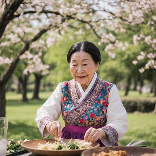 80대 동양인 여성의 반신 사진으로, 자연스러운 외모와 친근한 표정을 지으며 따뜻한 미소를 짓고 있습니다. 그녀는 화려한 자수가 돋보이는 전통 한복을 입고 있으며, 전통 음식을 만들기 위해 재료를 다듬고 있는 모습입니다. 배경은 푸른 나무와 꽃들로 가득한 한적한 공원으로, 주제의 따뜻한 느낌을 잘 살려주는 조화로운 분위기를 만들어냅니다.