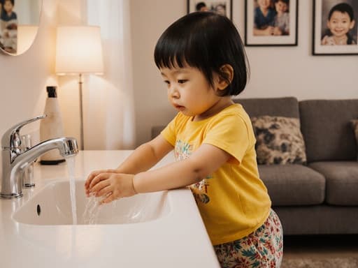 밝은 색상의 티셔츠와 편안한 바지를 입은 귀여운 1세 아시아계 여자 아동이 아늑한 거실의 세면대 앞에서 손을 씻고 있는 모습의 반신 사진. 벽에는 가족 사진이 걸려 있고, 부드러운 조명이 비추어 따뜻하고 아늑한 분위기를 연출하고 있습니다.