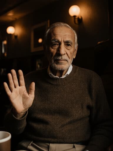 80대 중동계 남성이 자연스러운 외모와 고요한 표정을 짓고 있는 반신 사진입니다. 그는 편안한 니트 스웨터와 슬랙스를 착용하고 있으며, 그리움을 담은 외로운 표정으로 손을 살짝 들어 인사하는 자세를 취하고 있습니다. 조용한 카페의 따뜻한 조명과 아늑한 분위기 속에서 촬영되었습니다.