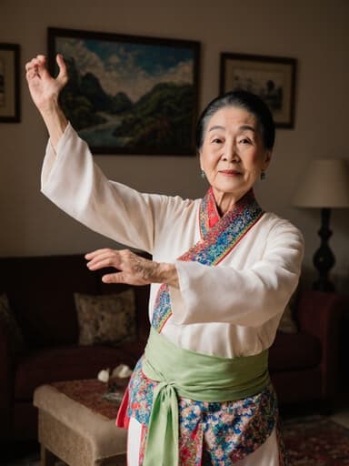 60대 동양인 여성이 전통적인 무용복을 착용하고, 아늑한 거실에서 예술적인 그림들이 걸린 배경 속에서 무용 동작을 우아하게 선보이는 모습의 차분한 전신 사진. 그녀의 집중하는 표정은 그녀의 예술에 대한 헌신을 잘 드러내고 있습니다.