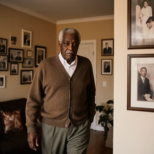 70대 흑인 남성이 편안한 카디건과 슬랙스를 입고 자연스럽게 서 있는 반신 사진. 그는 약간 지루한 표정을 지으며 아늑한 거실을 걸어가고 있으며, 벽에 걸린 가족 사진들을 바라보고 있습니다. 전체 분위기는 따뜻하고 초대하는 느낌이며, 부드러운 조명이 공간의 개인적이고 향수를 불러일으키는 느낌을 강조합니다.
