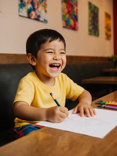 귀여운 혼혈 3세 남자아이가 아늑한 카페 소파에 앉아 밝은 색상의 티셔츠와 반바지를 입고 있습니다. 그는 장난스러운 미소를 지으며 종이와 크레용을 들고 그림을 그리고 있습니다. 배경은 다양한 예술 작품으로 꾸며진 따뜻하고 초대하는 카페 내부로, 즐거운 분위기를 더해줍니다.