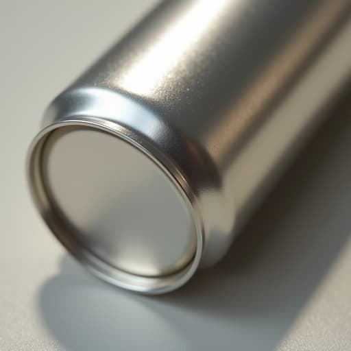 유기적 곡선 위에 놓인 음료 캔의 클로즈업, 매끄러운 금속 표면, 미세한 반사 및 부드러운 그림자가 자연광 아래에서.