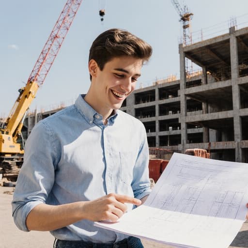 10대 후반의 유럽계 남성이 캐주얼한 셔츠와 청바지를 입고, 건축 현장에서 도면을 가리키며 밝게 웃고 있는 모습. 배경에는 공사 중인 건물과 기계들이 보인다.