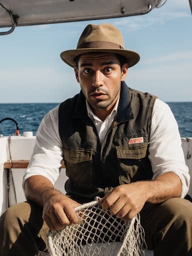 30대 라틴계 남성이 자연스러운 외모로 편안한 작업복을 착용하고 어망 작업에 적합한 조끼와 모자를 쓰고 있는 반신 샷입니다. 그는 놀란 표정을 지으며, 눈을 크게 뜨고 입을 약간 열고 앉아있어 어선의 갑판 위에서 어망을 손에 들고 상태를 확인하고 있습니다. 배경은 맑은 파란 하늘과 광활한 바다가 펼쳐진 아름다운 풍경으로, 바다에서의 삶을 생생하게 표현하고 있습니다.