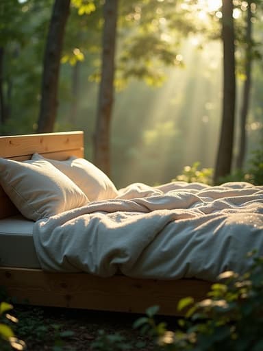 침대, 가구, 고요한 숲속의 아침 이슬, 따뜻하고 초대하는 분위기