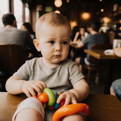 1세 남성 유럽계 아기가 카페 테이블에 앉아 편안한 티셔츠와 반바지를 입고 있습니다. 그는 지루한 표정을 지으며 앞에 있는 장난감과 놀고 있습니다. 배경에는 다른 가족들이 앉아 있는 아늑한 카페 내부가 보이며, 따뜻하고 환영하는 분위기를 만들어냅니다.