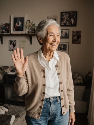 70대 혼혈 여성의 반신 촬영, 편안한 카디건과 청바지를 입고 고마운 미소를 지으며 손을 살짝 들어 인사하는 모습. 가족 사진이 걸린 아늑한 거실 배경이 따뜻하고 초대하는 분위기를 더합니다.