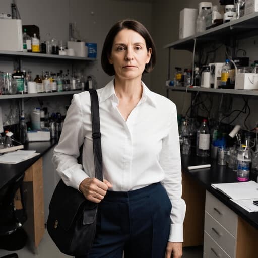 40대 유럽계 여성이 연구실에서 흰색 블라우스와 어두운 색의 바지를 입고 진지하게 연구에 집중하는 모습입니다. 한쪽 어깨에 연구 가방을 메고 있으며, 배경에는 다양한 연구 장비가 배치된 전문적인 분위기가 연출됩니다.