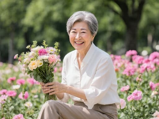60대 한국인 여성이 자연스러운 외모와 밝은 미소를 지으며 반신 촬영된 모습입니다. 그녀는 꽃꽂이 교육을 위해 편안한 블라우스와 바지를 착용하고 앉아 있으며, 손에는 아름다운 꽃다발을 들고 있습니다. 그녀의 꽃꽂이에 대한 열정을 전하며 교육하는 즐거움을 표현하고 있습니다. 배경에는 화사한 꽃들이 만개한 공원이 있어 행복하고 창의적인 분위기를 더하고 있습니다.