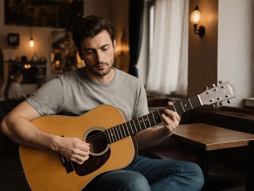 30대 유럽계 남성이 캐주얼한 티셔츠와 청바지를 입고 아늑한 카페의 나무 테이블과 따뜻한 조명 속에서 기타를 연주하고 있습니다. 그는 차분한 표정을 짓고 다리를 뻗고 앉아 있으며, 초대하는 듯한 분위기를 만들어냅니다.