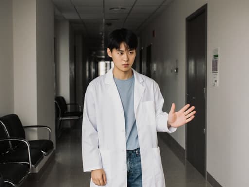 병원 복도에 서 있는 젊은 아시아계 남성이 의사의 가운과 캐주얼한 옷을 입고, 고민하는 표정과 불안한 마음을 드러내며 손을 춤추듯이 앞으로 뻗고 있습니다.