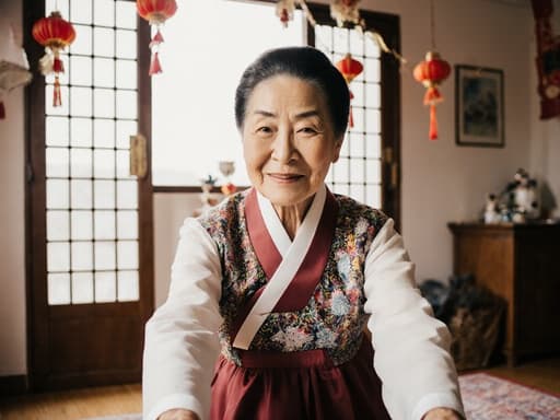 이 이미지는 70대의 자연스러운 외모를 가진 아시아계 여성이 우아한 전통 한복을 입고 편안하게 스트레칭하는 반신 촬영을 보여줍니다. 그녀의 만족스러운 표정은 즐거움과 편안함을 나타내며, 밝고 아늑한 거실에서 전통 축제를 준비하는 모습이 잘 어우러져 초대하고 축제적인 분위기를 자아냅니다.