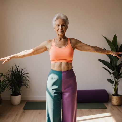 자신감 있는 50대 백인 여성이 밝은 색상의 요가복을 입고, 부드러운 조명과 식물로 둘러싸인 조용한 명상 공간에서 팔을 벌리고 균형을 잡고 있는 모습으로, 평온함과 힘을 구현하고 있습니다.