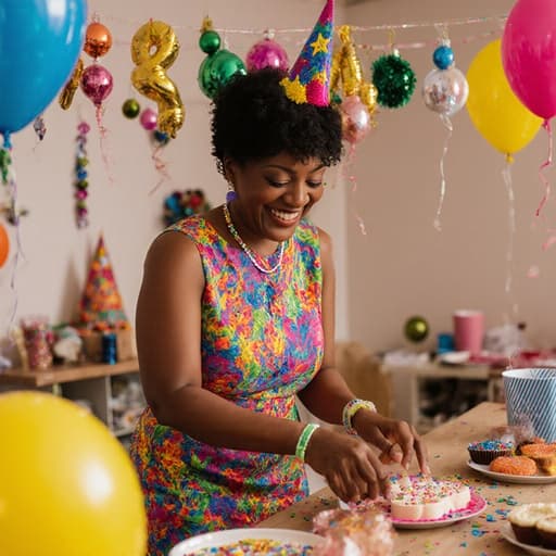 40대 아프리카계 여성이 화사한 드레스와 세련된 액세서리를 착용하고 행복한 표정을 지으며 파티룸에서 축하 행사 준비를 돕고 있는 모습을 반신 촬영으로 담고 있습니다. 파티룸은 화려한 장식과 풍선으로 가득 차 있습니다.