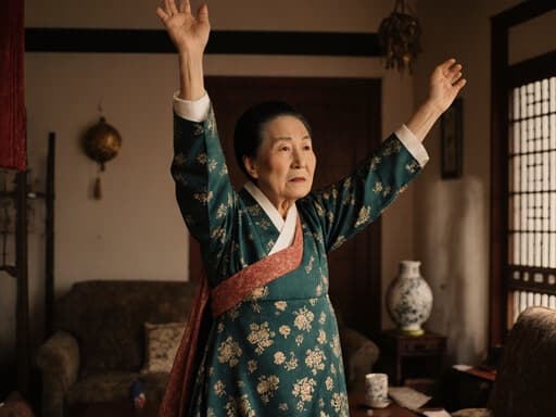 이 이미지는 전통 한복을 입고 팔을 위로 올리며 걱정스러운 표정을 짓고 있는 80대 아시아계 여성의 모습을 담고 있습니다. 배경의 아늑한 거실은 전통 장식으로 꾸며져 있어 장면에 따뜻함과 문화적 풍요로움을 더합니다.