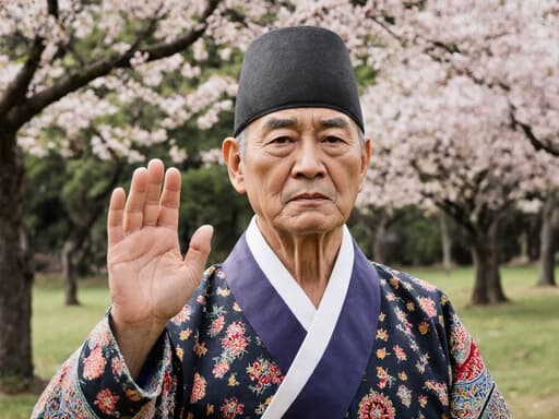 이미지에는 전통 한복을 입고 걱정스러운 표정을 짓고 있는 80대 혼혈 남성이 등장합니다. 그는 조용한 공원에서 인사하는 자세로 손을 들어 올리고 있으며, 나무와 화려한 꽃들로 둘러싸인 자연의 아름다움 속에 있습니다. 따뜻하고 초대하는 느낌의 빛으로 포착된 장면입니다.