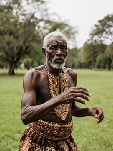 70대의 아프리카계 남성이 전통 의상을 입고, 걱정스러운 표정을 지으며 점프하는 자세로 전통 예절을 수행하는 모습을 공원의 푸른 잔디와 나무들이 배경으로 담은 전신 사진입니다.