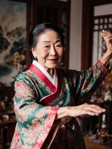 화려한 전통 한복을 입고 우아하게 춤추고 있는 80세 한국 여성의 전신 사진, 따뜻한 분위기의 전통 장식이 있는 아늑한 거실에서 지혜롭고 따뜻한 미소를 지으며.