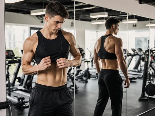 20대의 건강하고 탄탄한 체형을 가진 유럽계 남성이 운동복을 입고 체육관 거울 앞에서 긴장한 표정으로 운동을 준비하는 모습으로, 다양한 운동 기구가 배치된 동기 부여가 되는 체육관 환경에서 촬영한 반신 샷입니다.