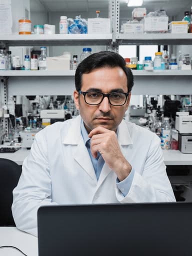 40대 중동계 남성이 실험실 가운과 안경을 착용하고, 손가락으로 턱을 받치며 노트북을 바라보며 깊은 생각에 잠긴 모습의 반신 사진. 현대적인 연구실, 과학 기기로 가득 차 있습니다.