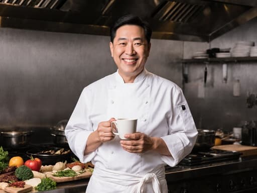 흰색 셰프 복장과 앞치마를 착용한 40대 아시아계 남성이 행복한 표정으로 커피 컵을 양손으로 들고 여유롭게 즐기고 있는 모습이 보이는 주방, 다양한 재료와 그릴이 배경에 있어 따뜻하고 매력적인 분위기를 만들어냅니다.