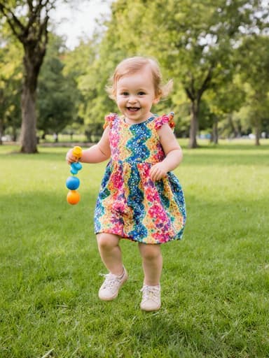 밝은 색의 원피스를 입고 장난감을 손에 들고 즐겁게 점프하는 귀여운 1살 백인 여아의 전신 사진이 푸른 잔디와 나무가 있는 공원에서 촬영되었습니다.