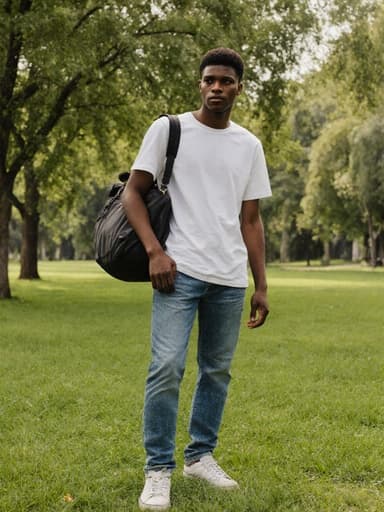 10대 초반의 흑인 남성이 편안한 티셔츠와 청바지, 캐주얼한 스니커즈를 입고 한쪽 어깨에 여행 가방을 매고 고민에 잠긴 모습으로 포착되었습니다. 배경은 푸른 잔디와 나무들이 있는 공원 풍경입니다.